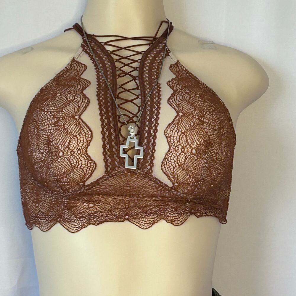 Victoria’s Secret Rust Lace Halter Bralette Lace Up Front Strappy Back M